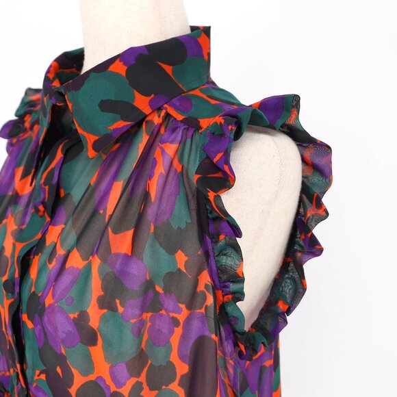 INCLAN STUDIO 100% Silk Ruffle Sleeve Sheer Purple Multi High-Low Blouse Size S - Picture 6 of 10